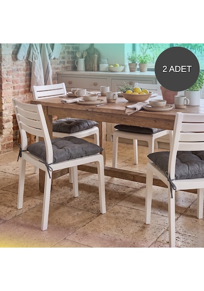 2'li Set 45x45 Cm Antrasit Bağcıklı Sandalye Minderi - Pamuk Polyester Kumaş Kırpıntı Süngerli Bahçe Ve Mutfak Sandalye Minderi Antrasit - Gri