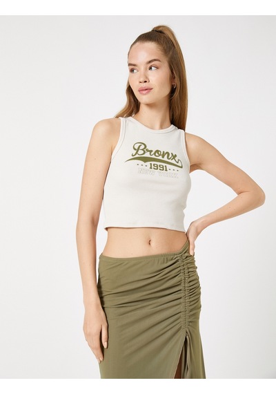 Koton Crop Atlet Baskılı Fitilli Biye Detaylı Pamuklu Bej 3sal30119ık 3SAL30119IK052 Ekru
