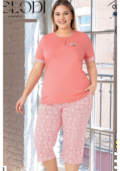 Melodi 4011 Kısa Kol %100 Pamuk Kapri Kadın Pijama Takımı V1 Somon