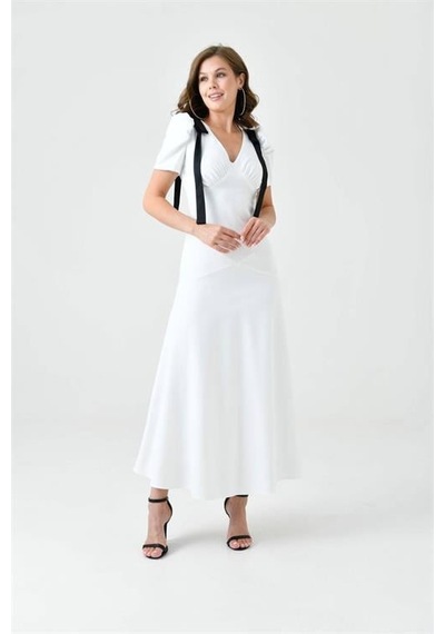Dip Moda Kadın V Yaka Abiye Elbise Dpnbs9358 Beyaz