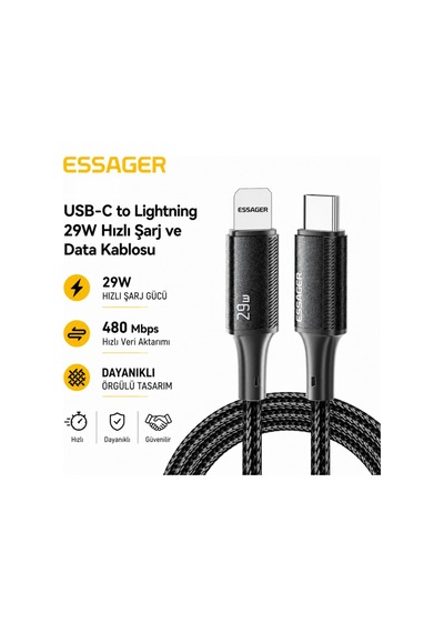 Essager Usb-c To Lightning 29w Hızlı Şarj Ve Data Kablosu 480 Mbps Veri Aktarımı, Dayanıklı Örgülü Kablo 1 Metre