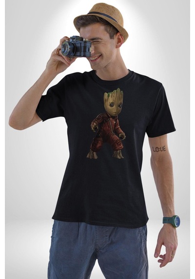 Bebek Groot Guardians Galaxy Unisex Unisex Siyah Organik Baskılı T-shirt Penye Yüksek Kalite Siyah