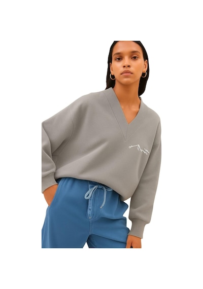 Benroma Dağ Baskılı Ünisex V Yaka Sweatshirt Gri