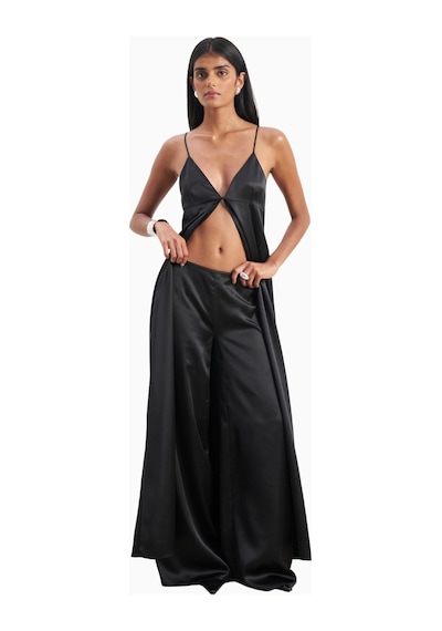 Because Of Alice Satin V Neck Longline Camisole Parlak V Yaka Saten Kadın Bluz Siyah