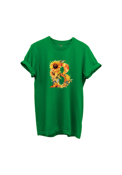 Ayçiçek Desenli B'' Harfi Baskılı %100 Pamuk Regular Fit Unisex T-shirt Yeşil