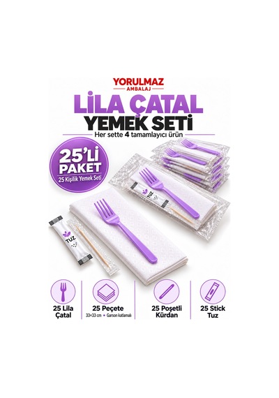 Lüks Lila Çatal Yemek Seti 25 Kişilik 33 33 Cm Garson Katlamalı Peçete, Poşetli Kürdan Ve Stick Tuz
