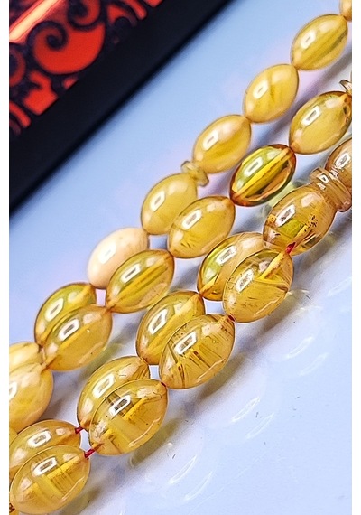 7 x 11 MM Beyzi Mustafa Uysal İmzalı Sarı Hareli Ateşi Kehribar Tesbih