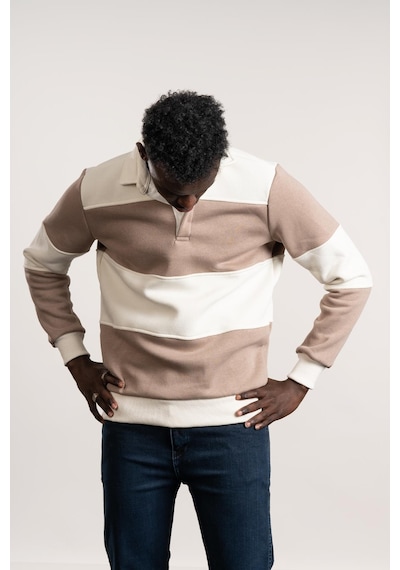 Fbı Polo Yaka Kalın Çizgili 3 İplik İçi Şardonlu Slimfit Sweatshirt Kahverengi