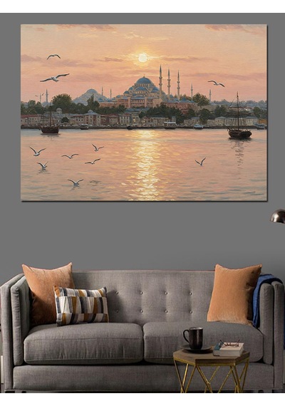 Sabah Vakti İstanbul Silueti Dekoratif Kanvas - Mdf Ahşap Tablo
