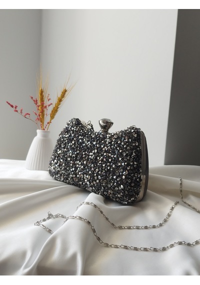 Vivazzaluxe Kristal Taşlı Kadın Abiye, Clutch Çanta Antrasit