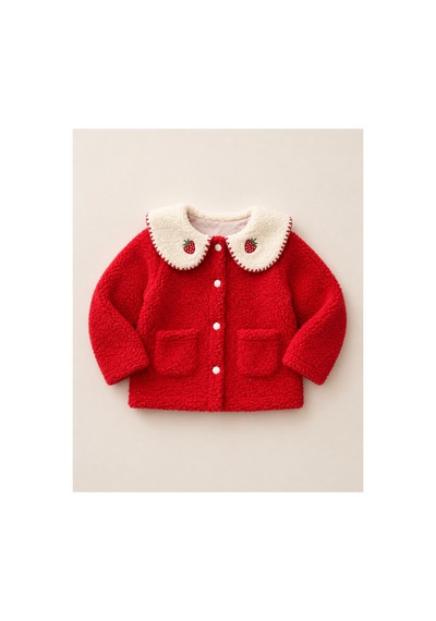 Omeca Concept Çilek Nakışlı Bebe Yaka Kırmızı Peluş Kız Çocuk Mont