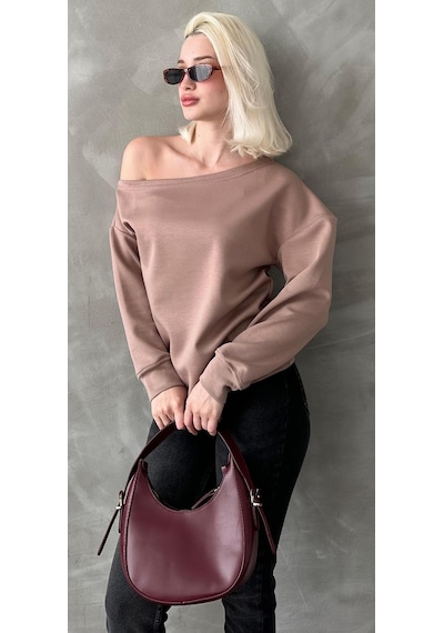 Madmext Bej Kayık Yaka Basic Sweatshirt Mg2228 Bej