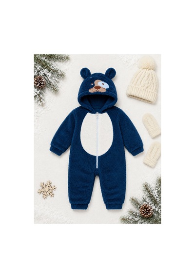 Kız Erkek Bebek Welsoft Peluş Tulum Kapüşonlu Fermuarlı Kışlık Bebek Tulumu Köpek Figürlü Yumuşak Polar Tulum Lacivert