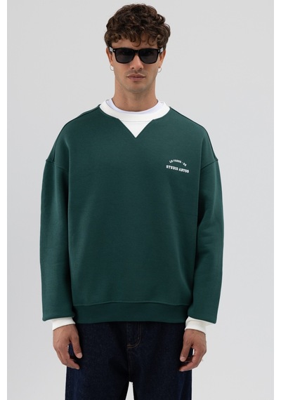 Vamos Oversize Bisiklet Yaka Baskılı Sweatshirt V70-91 Nefti Yeşil