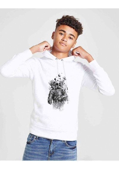 Tshirthane Astronot Uzay Akvaryum Baskılı Unisex Çocuk Kapüşonlu Beyaz Sweat (528889201)