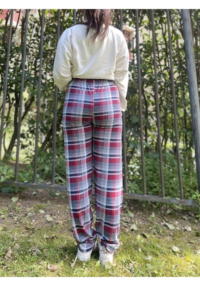 Kadın Pamuklu Ekose Desenli Pijama Altı Eşofman Kurdeleli