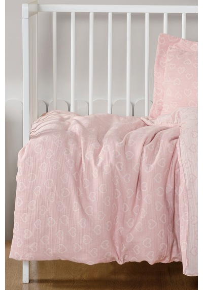 Bebek Müslin %100 Pamuk Jakarlı Nevresim Takımı - Heart Pembe Pembe