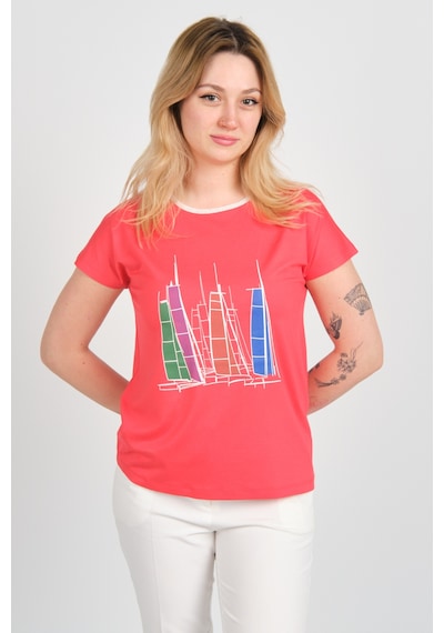 Sistas Kadın Düşük Kol Bisiklet Yaka Desenli Bluz 24300 Mercan MERCAN