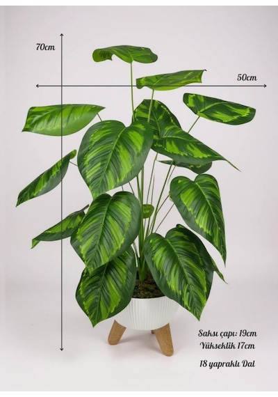 Yapay Çiçek Salon Bitkisi Difenbahya 70cm 18 Yaprak Beyaz Zigon Saksıda Yeşil