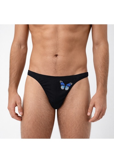 Bonbon Erkek Mavi Kelebek Nakışlı Siyah Renk String Külot Bb2292