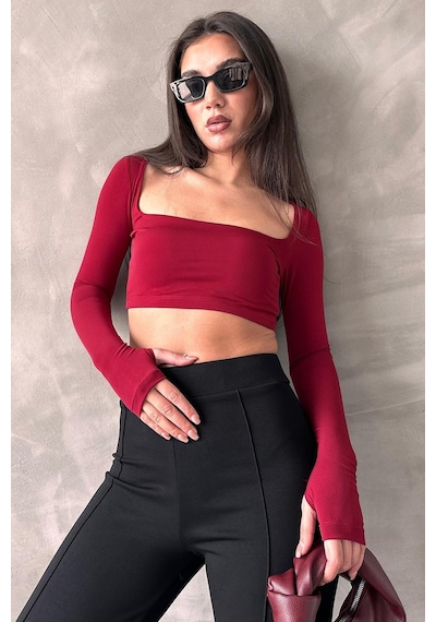 Seeh Bordo Kare Yaka Parmak Detaylı Kadın Body Sh211