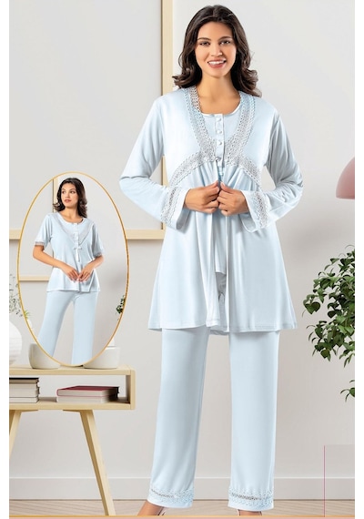 Xses 4850 Kadın Hamile Lohusa Sabahlıklı Pijama Takım-mavi