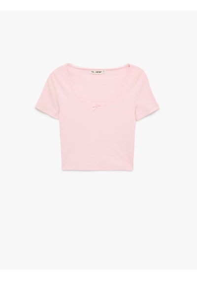 Koton Kısa Kollu U Yaka Slim Fit Pamuklu Crop Tişört Pembe 6sal10015ık Gül
