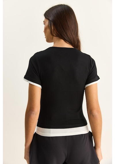 Shade Kadın Çift Kat Görünümlü Degaje Yaka Kısa Kol T-shirt 6140 60286132 - Siyah
