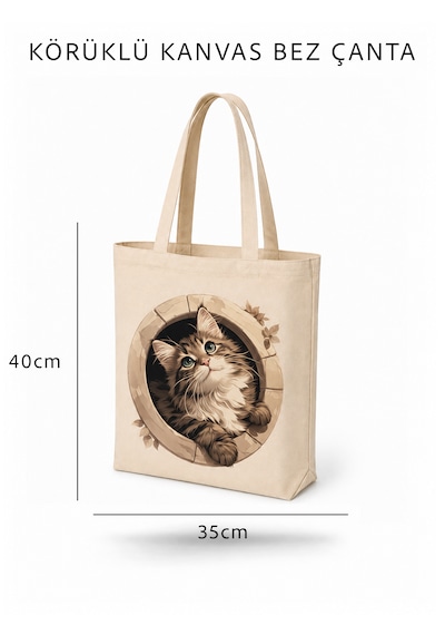 Lunora Collectıon Kedi Baskılı Körüklü Kanvas Bez Çanta Ham Renk