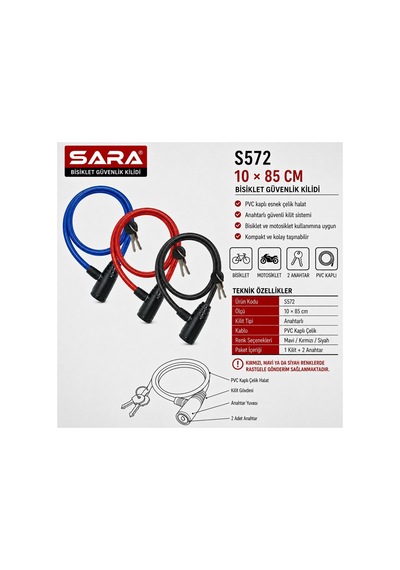Sara S572 Bisiklet Güvenlik Kilidi 85 Cm, Anahtarlı, Pvc Kaplı Çelik Halat, 2 Anahtar Çok Renkli