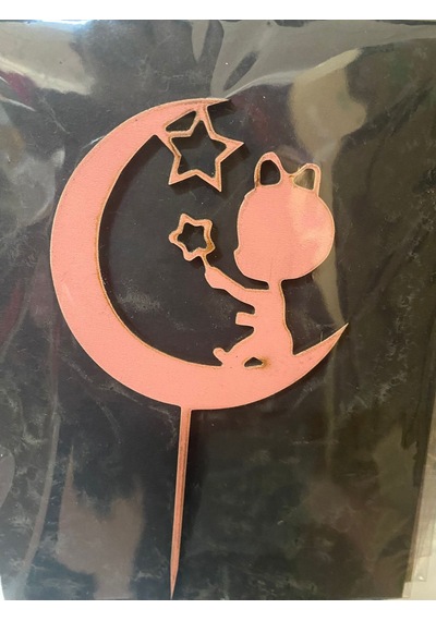 Delux Serisi Tasarım Kutlama Süsleme Ayda Oturan Bebek Pembe Ahşap Pasta Üzeri Süs