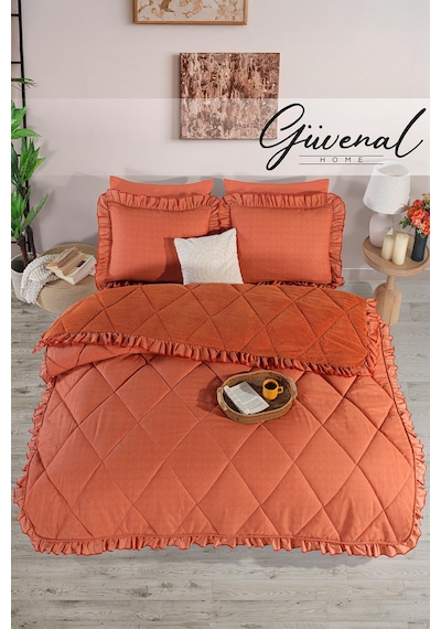 Elegans Fırfırlı Wellsoft Çift Taraflı Çift Kişilik Yastık Kılıflı Yorgan Seti Yatak Örtüsü Yorgan Yastık Çeyiz Turuncu