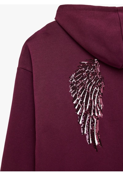 Koton Pullu Payetli Dansçı Sweatshirt Melek Kanat Detaylı Kapüşonlu Rahat Kalıp Fermuarlı Mürdüm 7wal10495ık Mor