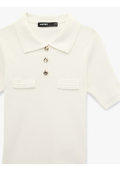 Koton Slim Fit Yarım Düğme Detaylı Kısa Kollu Polo Yaka Triko Kazak Ekru 6sak90022ht Ekru