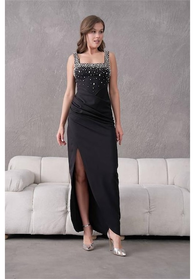 Neşeli Butik Kadın Taş Detaylı Askılı Uzun Abiye Elbise Nbs9367 Siyah