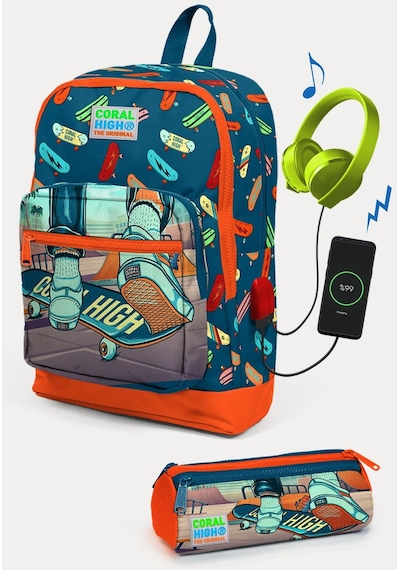 Coral High Kids Civit Neon Turuncu Kaykay Desenli Usb Girişli 2'li Okul Çanta Seti Set0223823