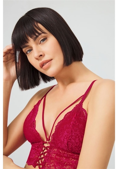 Cottonhill Bordo Dantelli İnce Askılı Kaplı Üçgen Kadın Bralet Büstiyer