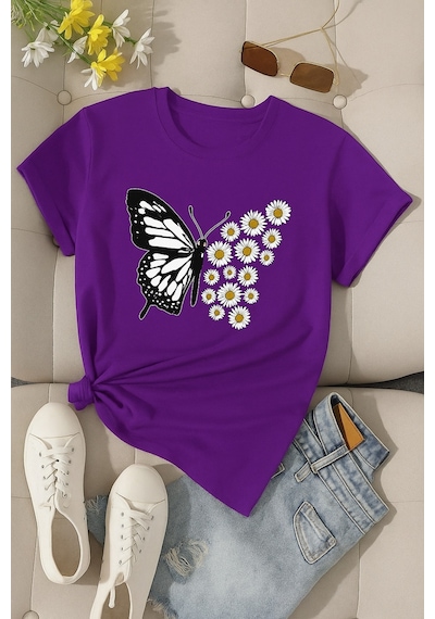 Papatyalı Kelebek Baskılı Unisex Tişört Mor