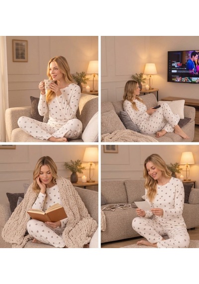 Lila İç Giyim Kadın Ekru Kalp Desenli Fitilli Kaşkorse Pijama Takımı Uzun Kollu Ev Giyimi
