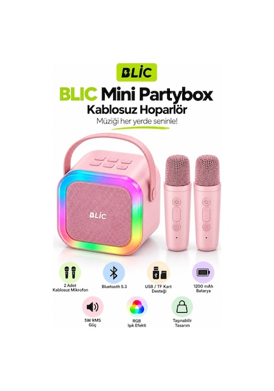 Blic Bls-97 Partybox Çift Kablosuz Mikrofonlu Rgb Led Işıklı Taşınabilir Bluetooth Karaoke Hoparlör Pembe-14931