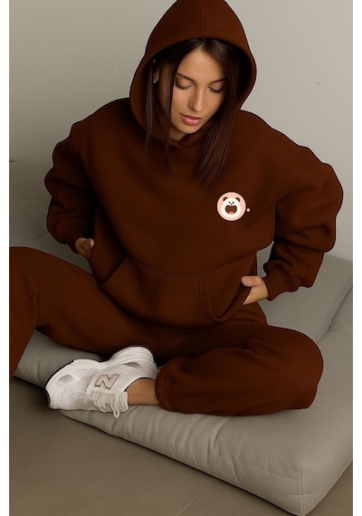 Benroma 3 İplik Penye Küçük Panda Baskılı Ünisex Kapüşonlu Sweat Kahverengi
