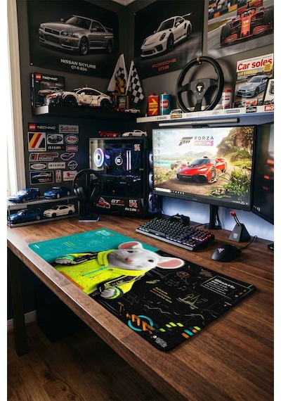 Beyaz Fare Neon Sarı Hoodie 40x90 Cm Oyuncu Mousepad Kaymaz Taban Büyük Boy Siyah