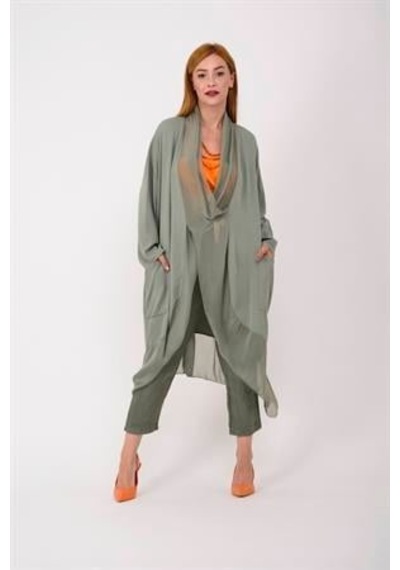 Bohem Stil Italyan Ipek Detaylı Oversize Kaftan & Bluz-8711 Açık Haki