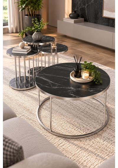 Sulorahome Siyah Mermer Desenli 4'lü Sehpa Seti Gümüş Metal Ayaklı
