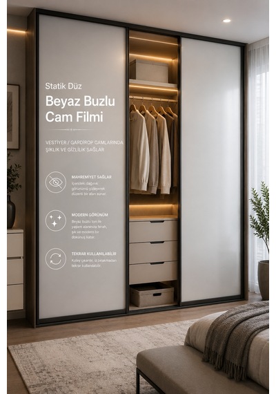 Deconitte Statik Düz Beyaz Buzlu Cam Filmi 60x100 Cm Yapışkansız Mahremiyet Sağlayan Dekoratif Cam Kaplama, Kumlama