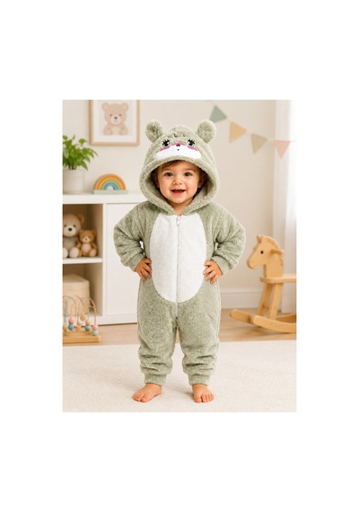 Tatlı Ayıcık Desenli Welsoft Peluş Kapüşonlu Fermuarlı Kışlık Unisex Bebek Tulumu 40197 Yeşil