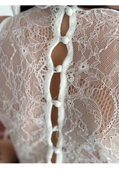 Meleners Dantel Detaylı Derin Dekolte Body Şık Kolsuz Yazlık Bodysuit - Beyaz