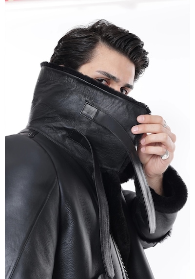 M M Marki Marki Erkek Hakiki Deri Mont, Balıkçı Yaka, Siyah Kürklü, Fermuar Kapamalı, Oversize Model - 500422