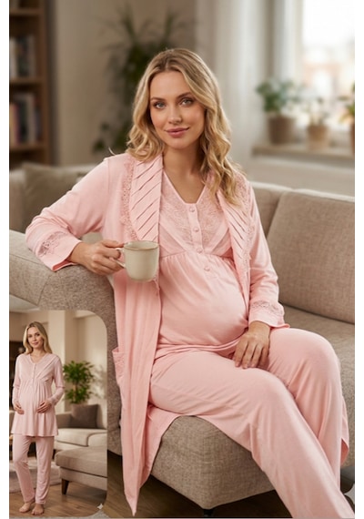 Bone Club 6305 Uzun Kol 3 Lü Sabahlıklı Lohusa Hamile Pijama Takımı Pudra