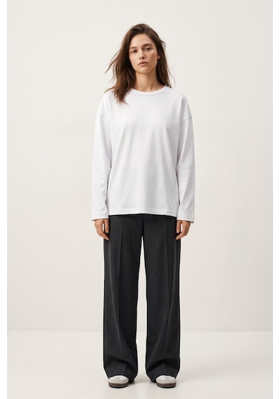 Elemge %100 Pamuk Süprem Oversize Kadın Uzun Kollu T-shirt Compact Penye Tok Yumuşak Kumaş Bol Kesim Nefes Alan Terletmez Yapı Basic Beyaz Tişört